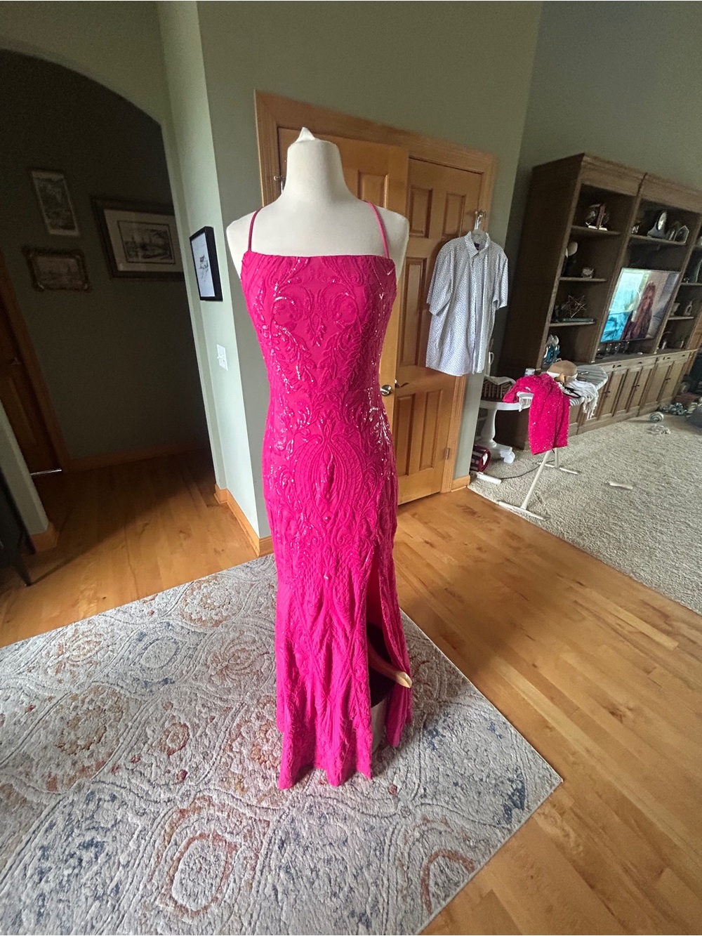 Elegant Hot Pink Beaded Evening Gown